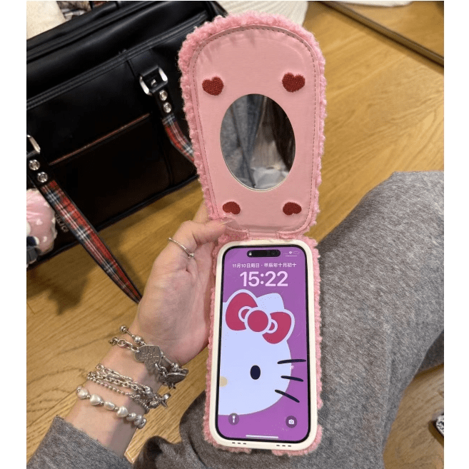 Cute Hello Kitty Embroidery Plush Mirror Flip iPhone Case