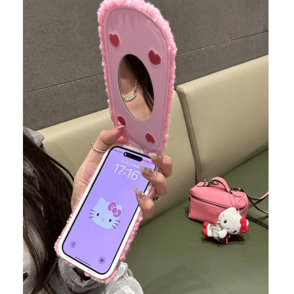 Cute Hello Kitty Embroidery Plush Mirror Flip iPhone Case