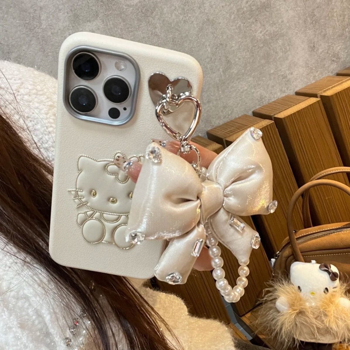 Cute Hello Kitty Leather iPhone Case With Bowknot Lanyard