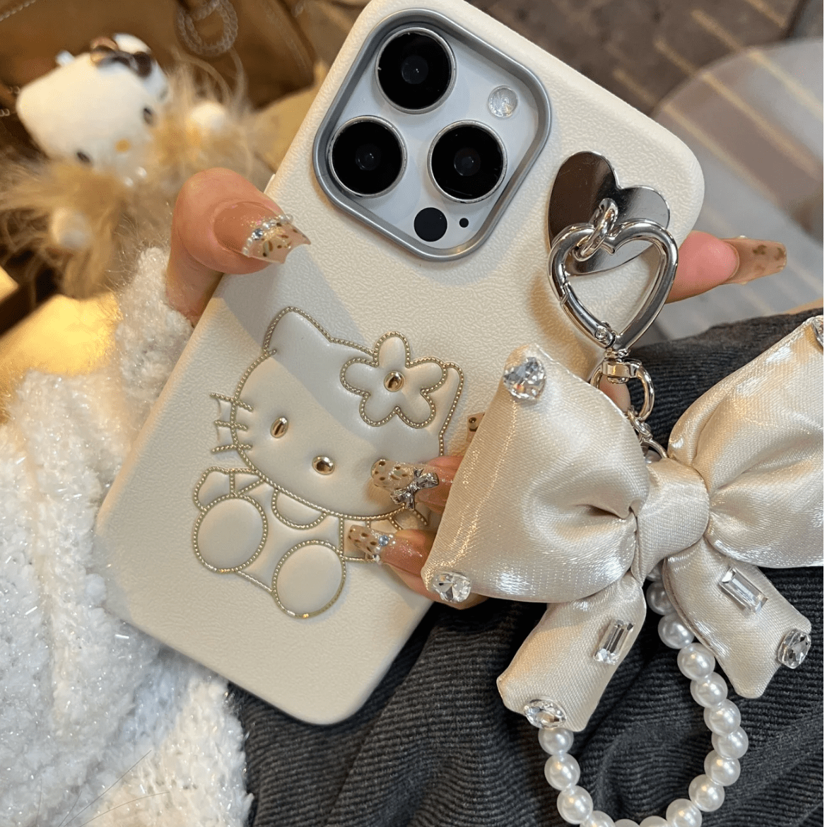 Cute Hello Kitty Leather iPhone Case With Bowknot Lanyard