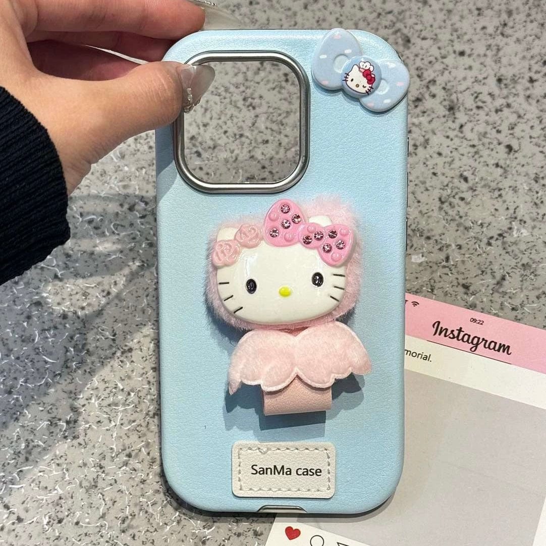 Cute Hello Kitty Wing Ring Stand Leather iPhone Case