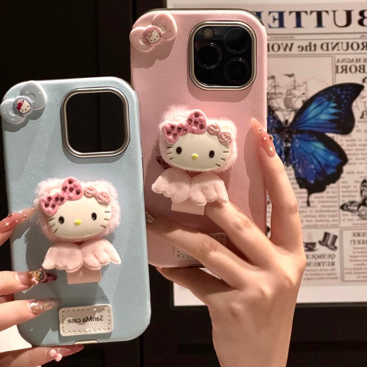 Cute Hello Kitty Wing Ring Stand Leather iPhone Case