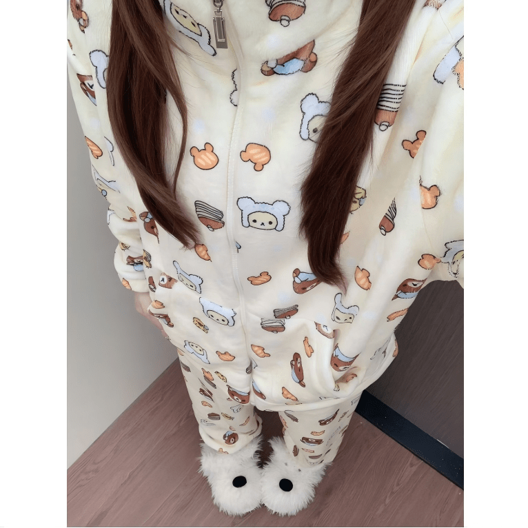 Cute Kitten Star Rilakkuma Winter Fluffy Pajama Set - ArtGalleryZen