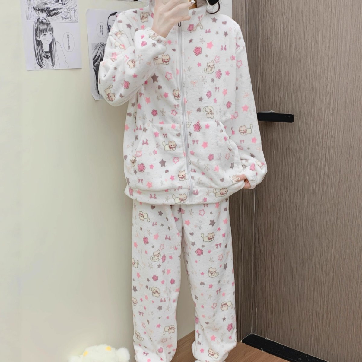 Cute Kitten Star Rilakkuma Winter Fluffy Pajama Set - ArtGalleryZen