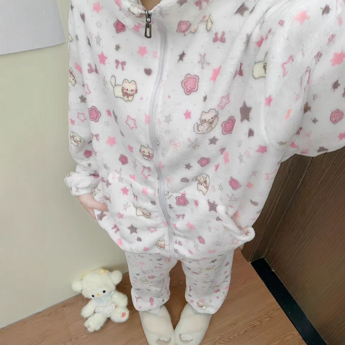 Cute Kitten Star Rilakkuma Winter Fluffy Pajama Set - ArtGalleryZen