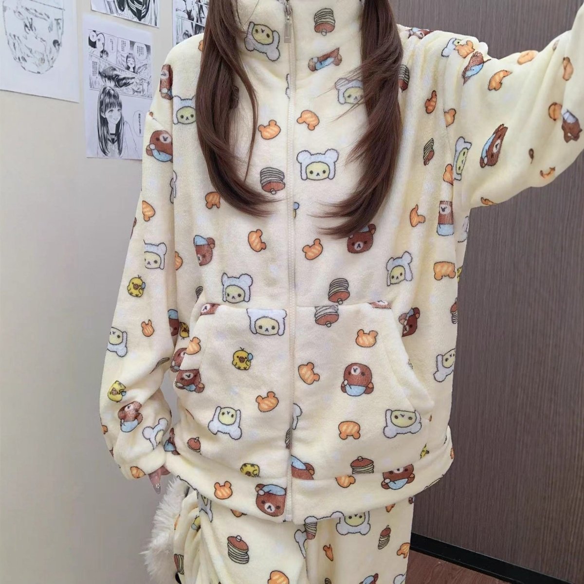 Cute Kitten Star Rilakkuma Winter Fluffy Pajama Set - ArtGalleryZen
