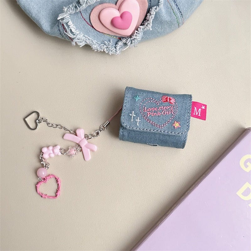 Cute LOVE STORY Denim AirPods Earphone Case With Accessories - ArtGalleryZen