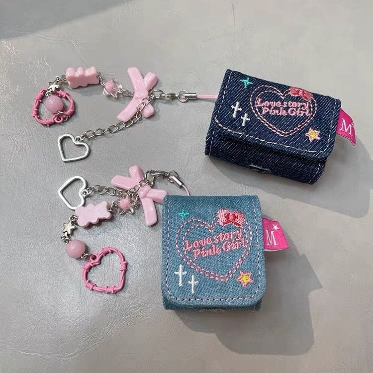 Cute LOVE STORY Denim AirPods Earphone Case With Accessories - ArtGalleryZen