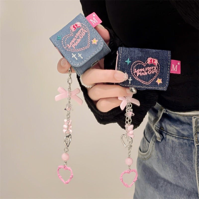 Cute LOVE STORY Denim AirPods Earphone Case With Accessories - ArtGalleryZen