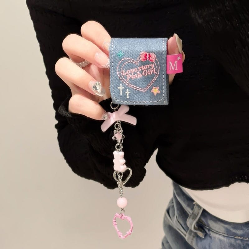 Cute LOVE STORY Denim AirPods Earphone Case With Accessories - ArtGalleryZen