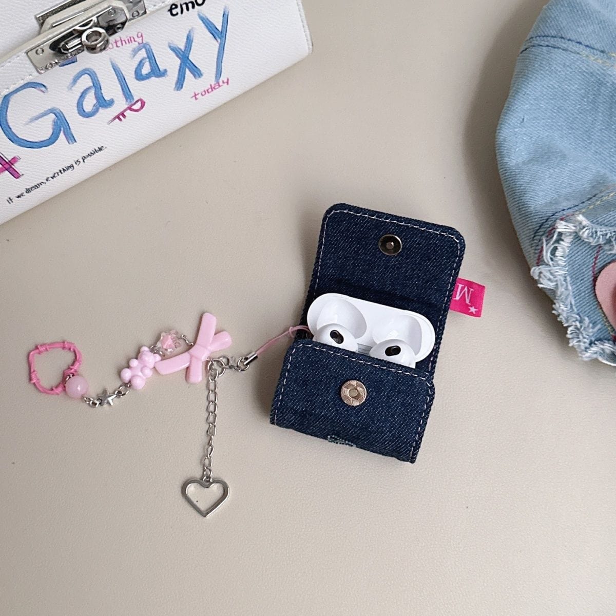 Cute LOVE STORY Denim AirPods Earphone Case With Accessories - ArtGalleryZen