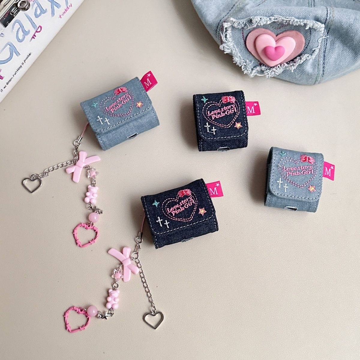 Cute LOVE STORY Denim AirPods Earphone Case With Accessories - ArtGalleryZen