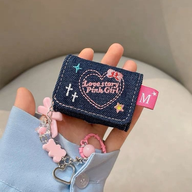 Cute LOVE STORY Denim AirPods Earphone Case With Accessories - ArtGalleryZen