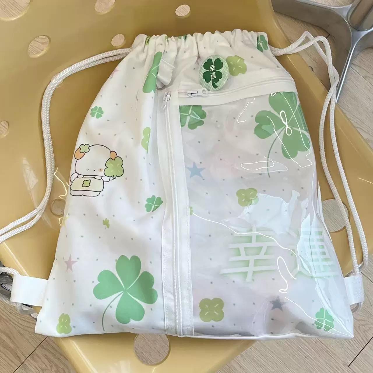 Cute Lucky Clover Strawberry Puppy Kpop Fan Display Drawstring Backpack - ArtGalleryZen
