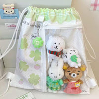 Thumbnail for Cute Lucky Clover Strawberry Puppy Kpop Fan Display Drawstring Backpack - ArtGalleryZen