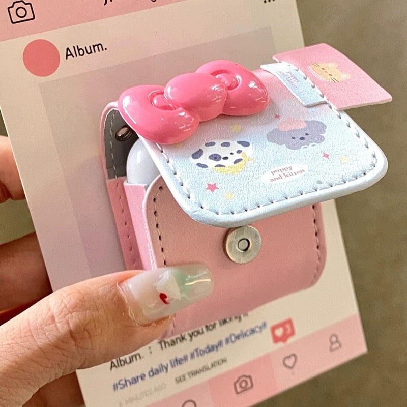 Cute Pink Bowknot Puppy AirPods Earphone Leather Case