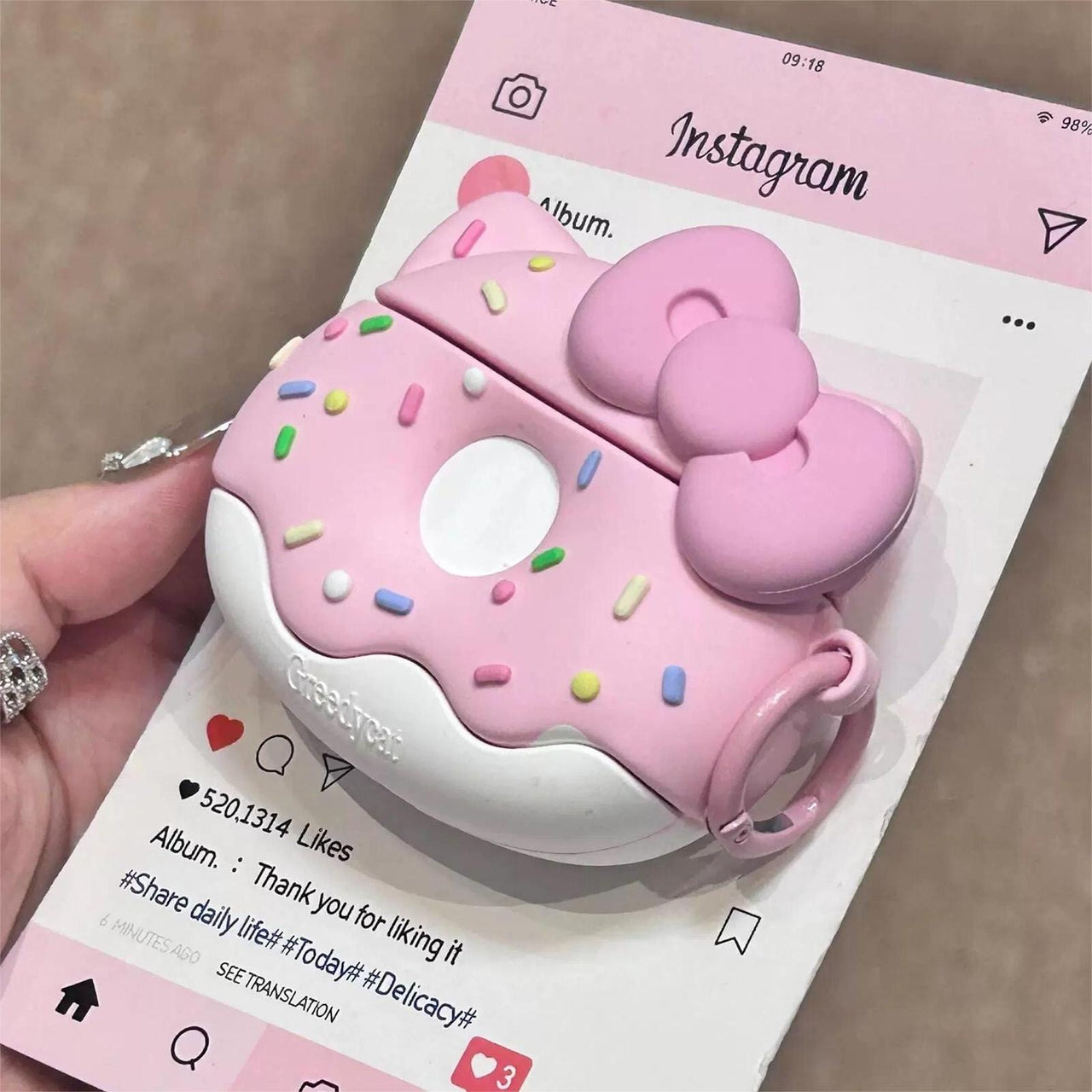 Cute Pink Donut Hello Kitty AirPods Earphone Case