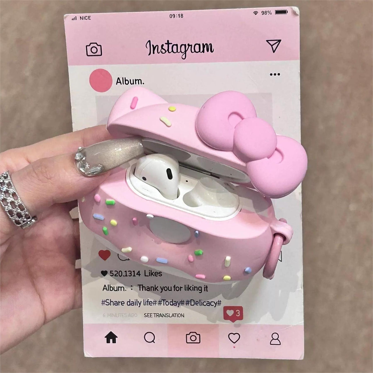 Cute Pink Donut Hello Kitty AirPods Earphone Case