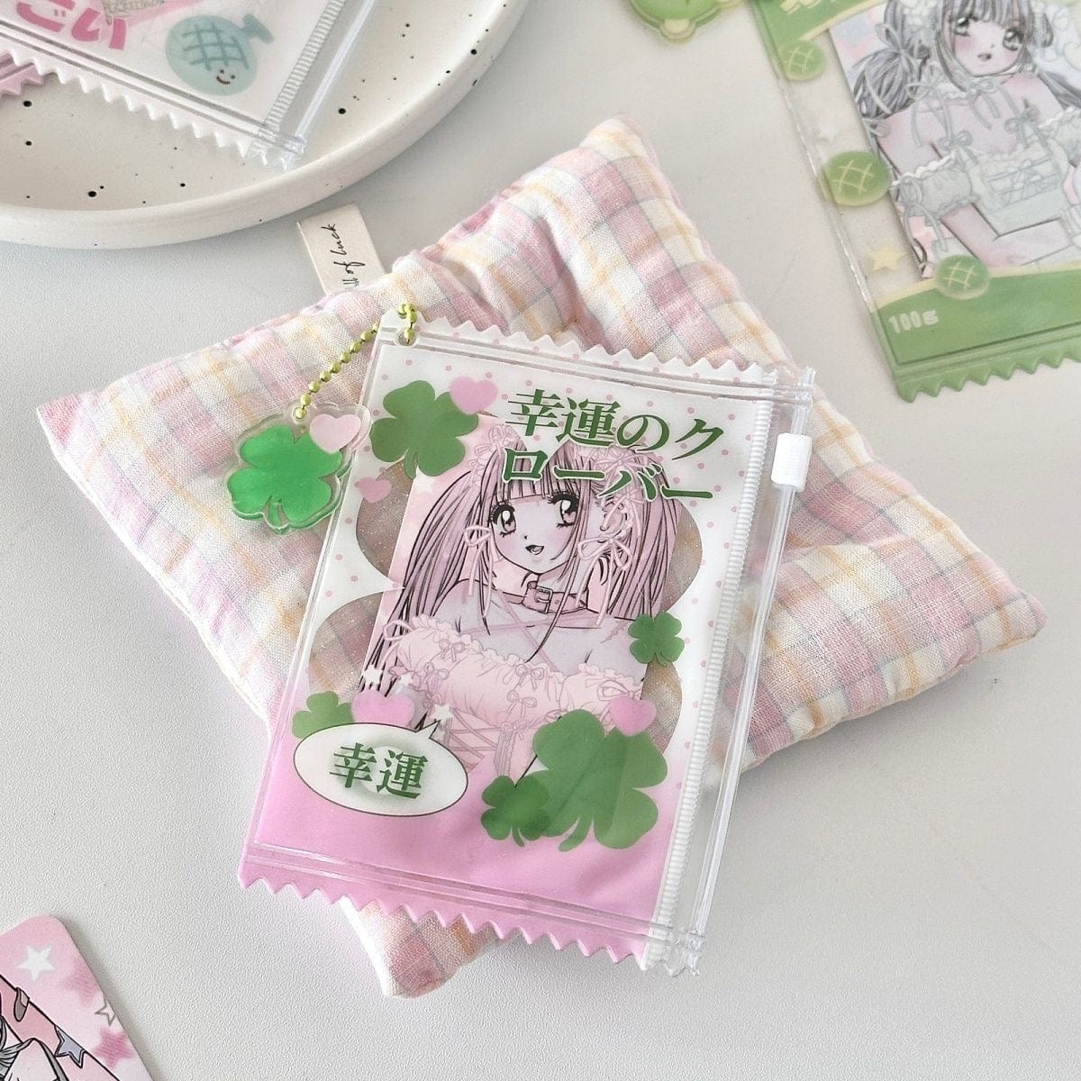 Cute Strawberry Lucky Clover Candy Bag Kpop Keychain Photocard Holder - ArtGalleryZen