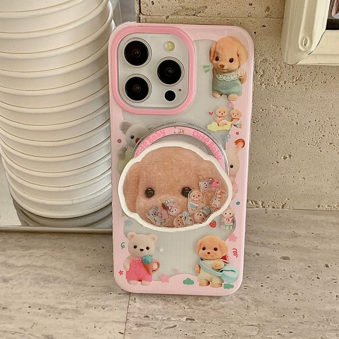 Cute Sylvanian Families Puppy Shaker Magnetic Stand iPhone Case - ArtGalleryZen