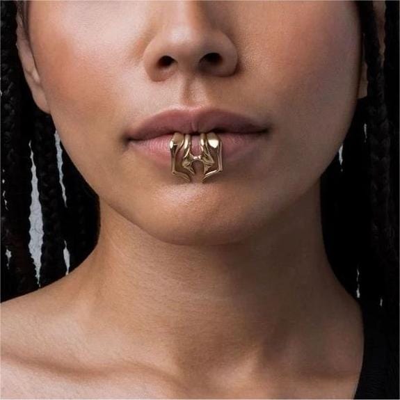 Cyberpunk 2Pcs Geometric Pattern Stackable Non Piercing Lip Cuff Set