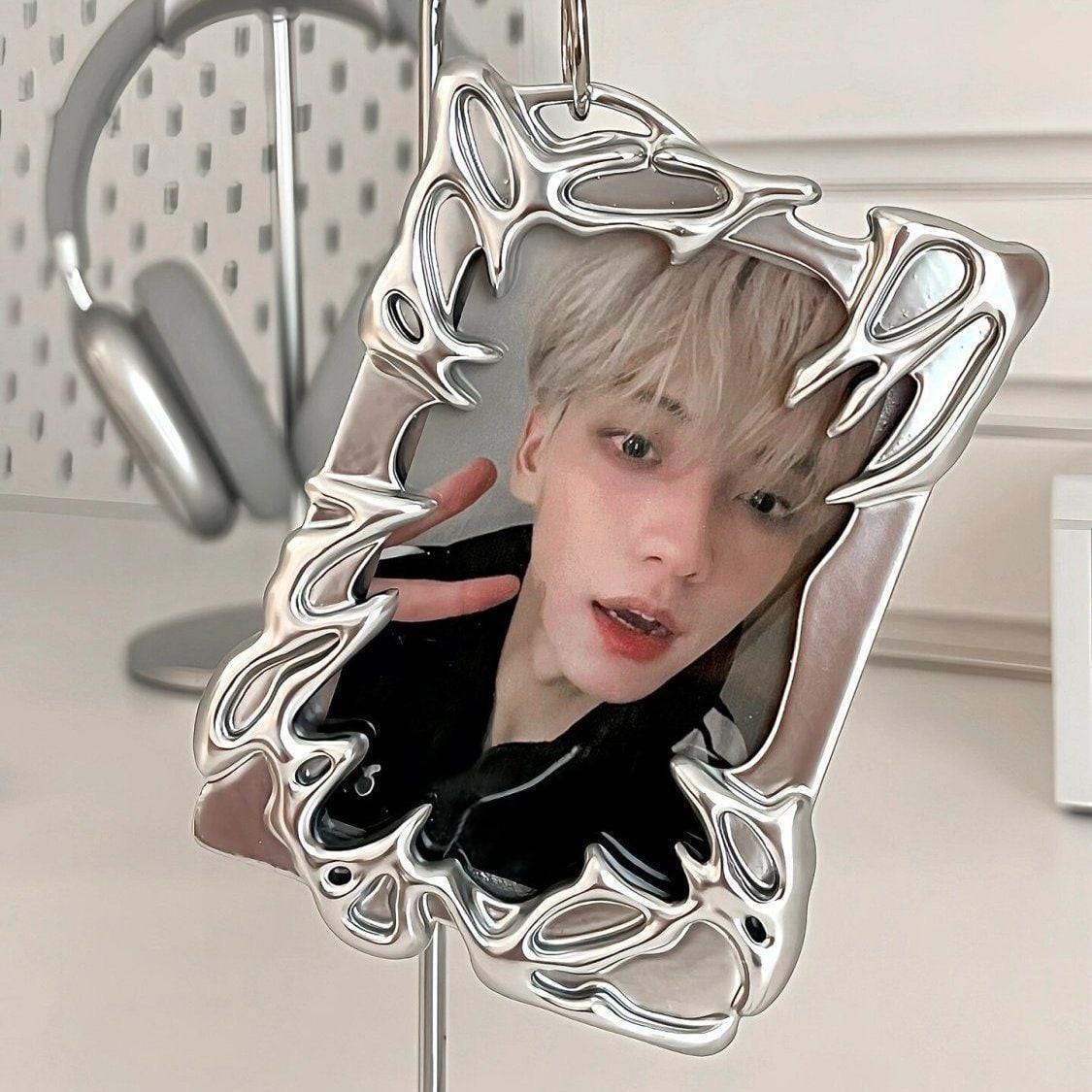 Cyberpunk Irregular Silver Tone Kpop Keychain Photocard Holder - ArtGalleryZen