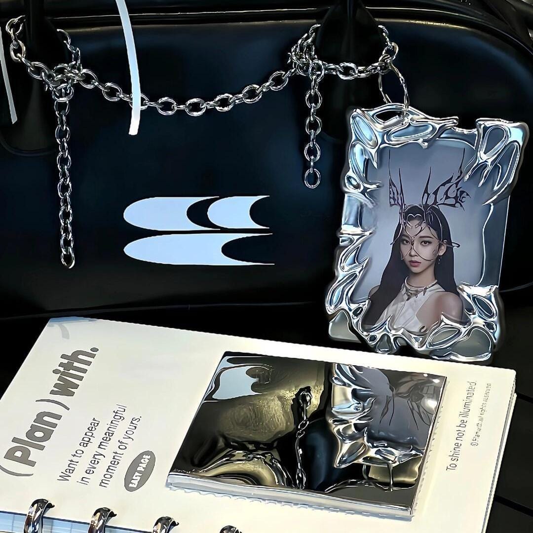 Cyberpunk Irregular Silver Tone Kpop Keychain Photocard Holder - ArtGalleryZen