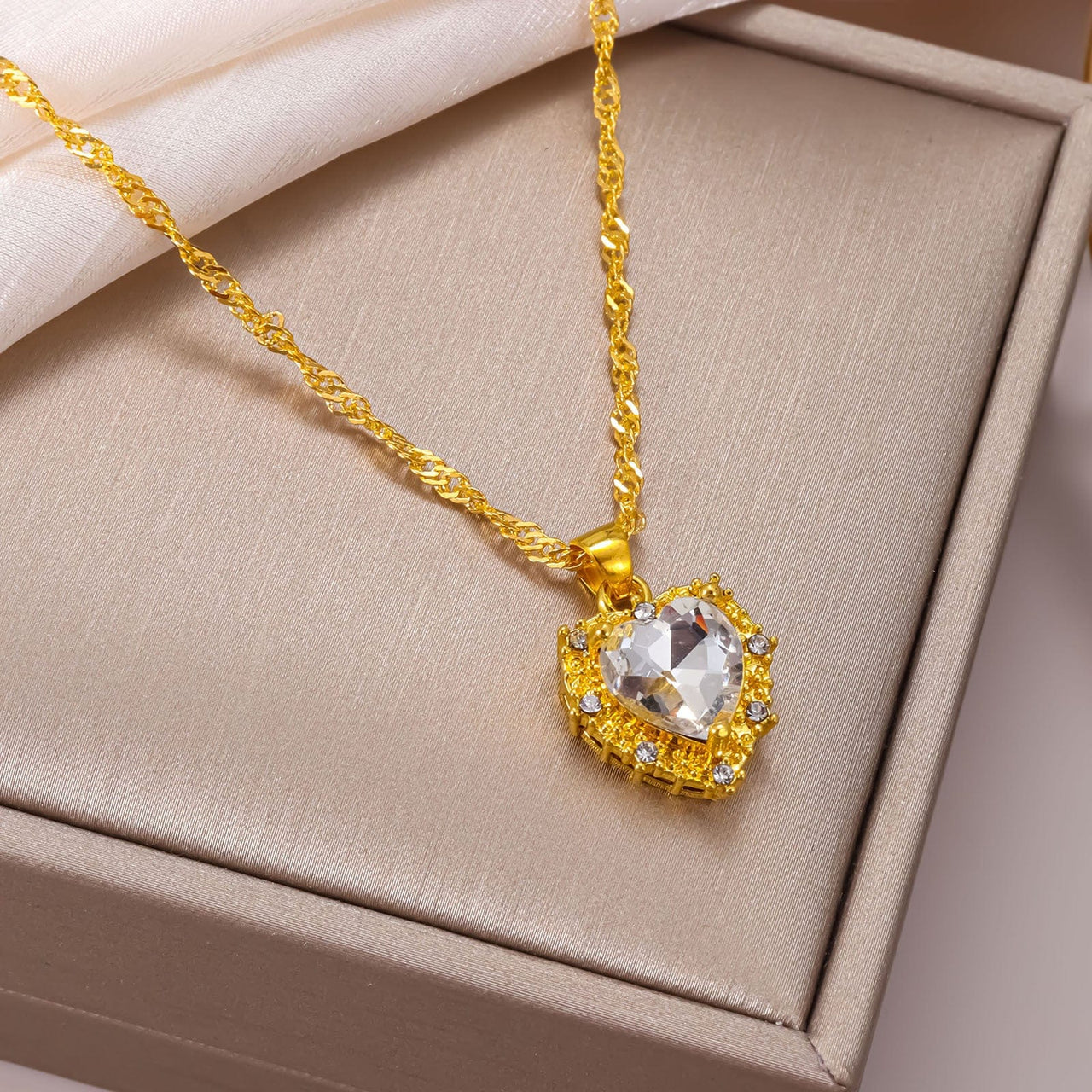 CZ Inlaid Crystal Heart Pendant Necklace - ArtGalleryZen