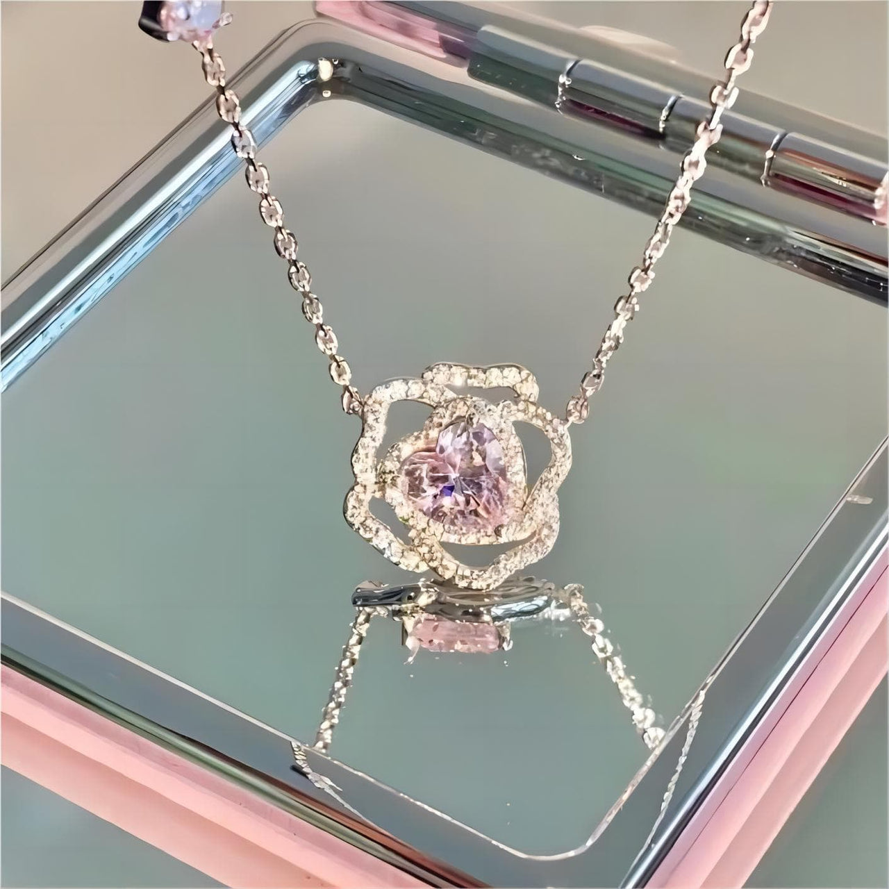 CZ Inlaid Pink Crystal Floral Heart Necklace - ArtGalleryZen