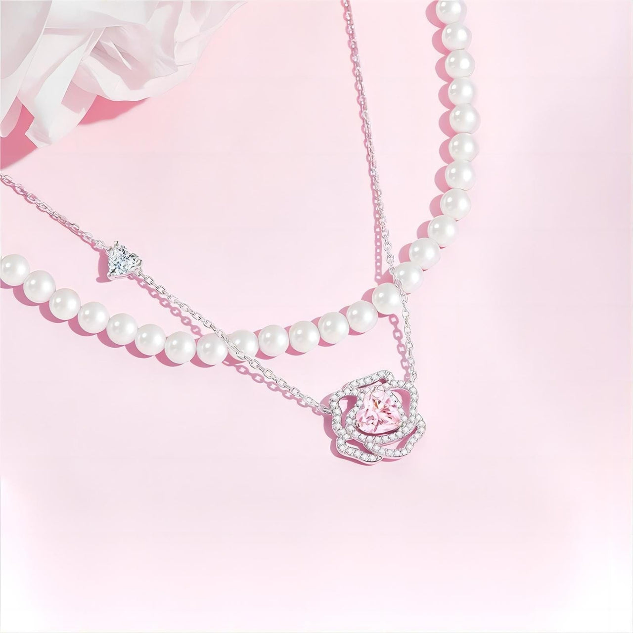 CZ Inlaid Pink Crystal Floral Heart Necklace - ArtGalleryZen