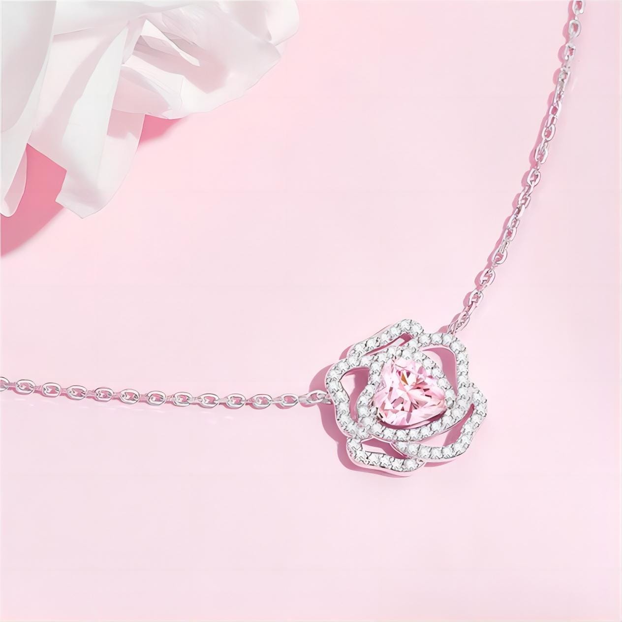 CZ Inlaid Pink Crystal Floral Heart Necklace - ArtGalleryZen