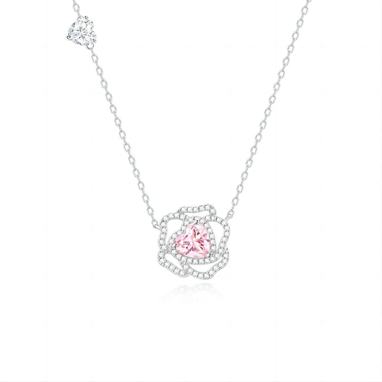 CZ Inlaid Pink Crystal Floral Heart Necklace - ArtGalleryZen