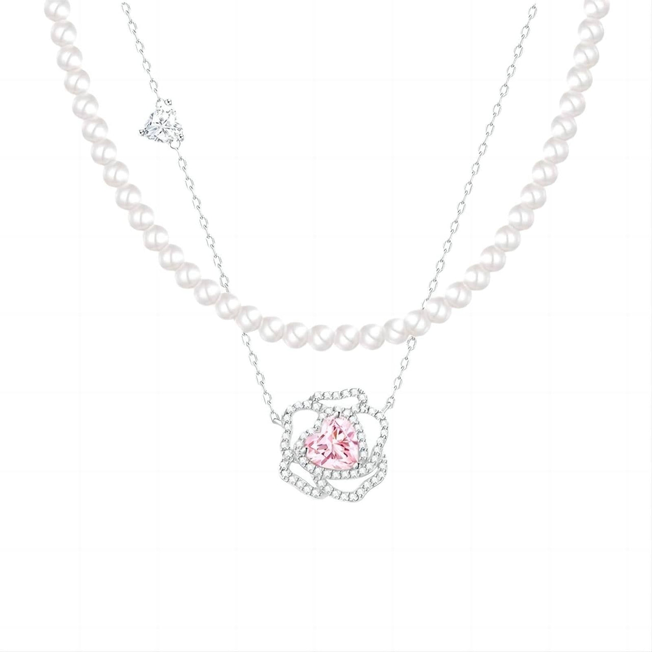 CZ Inlaid Pink Crystal Floral Heart Necklace - ArtGalleryZen