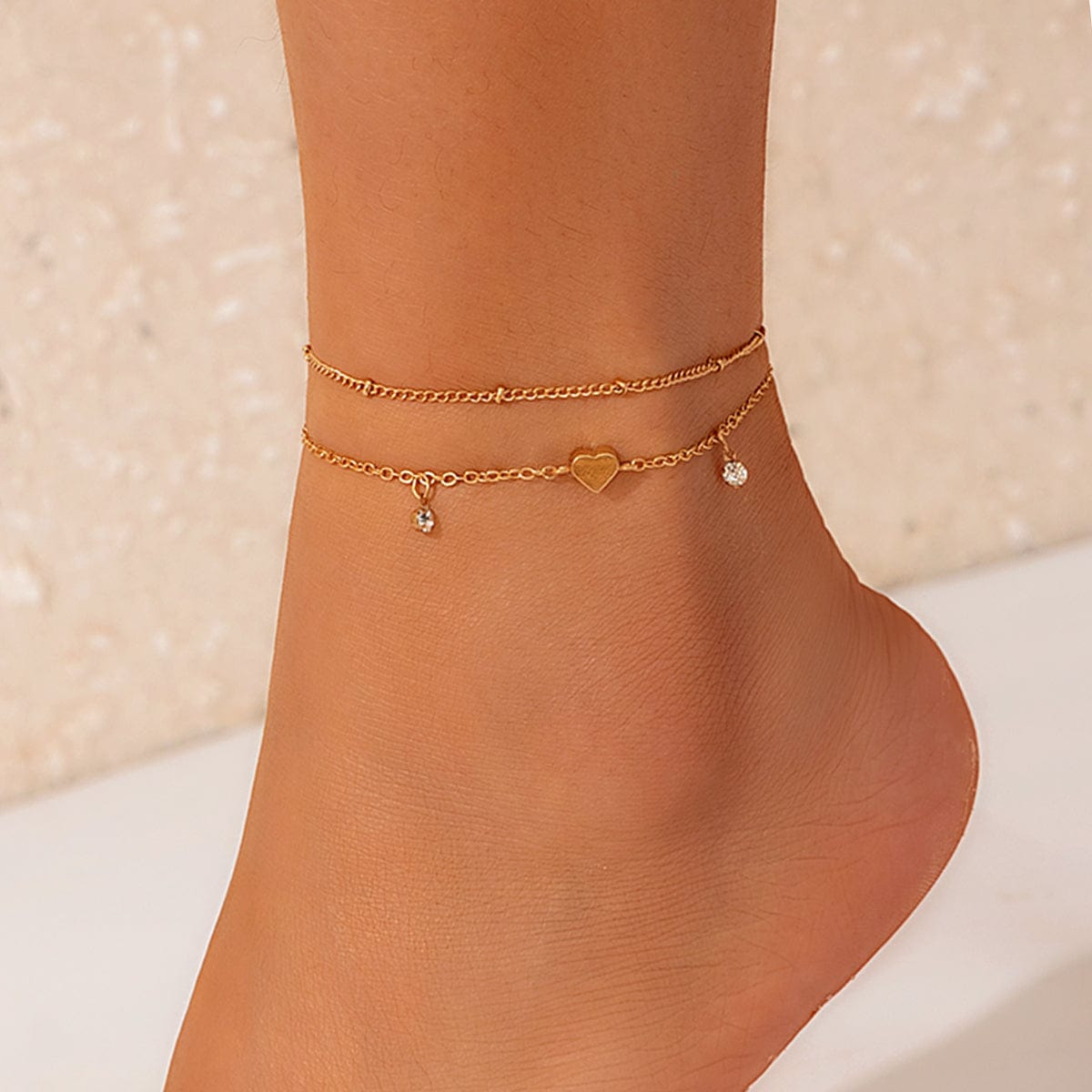 Dainty 2Pcs Rhinestone Heart Charm Saturn Chain Anklet Set