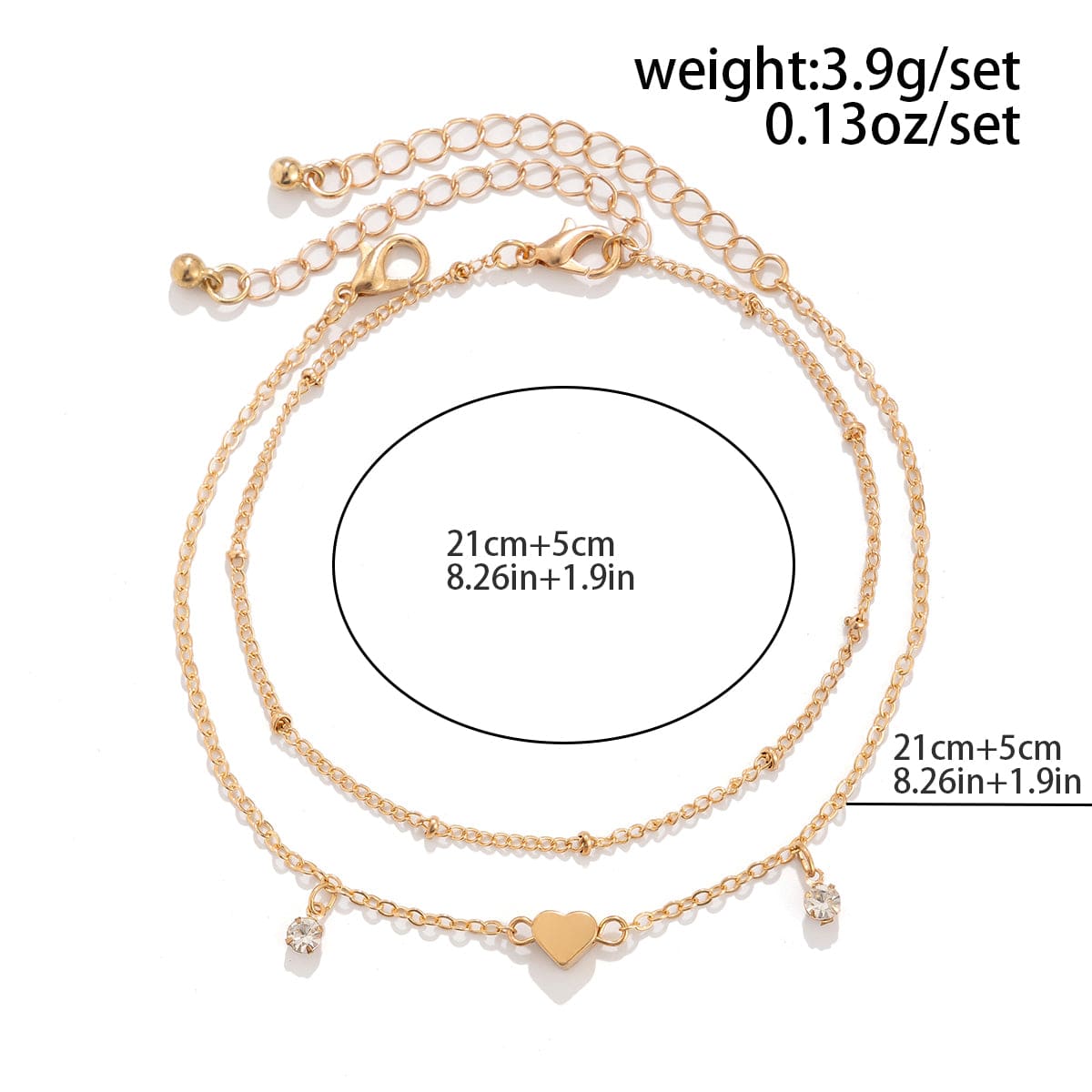 Dainty 2Pcs Rhinestone Heart Charm Saturn Chain Anklet Set