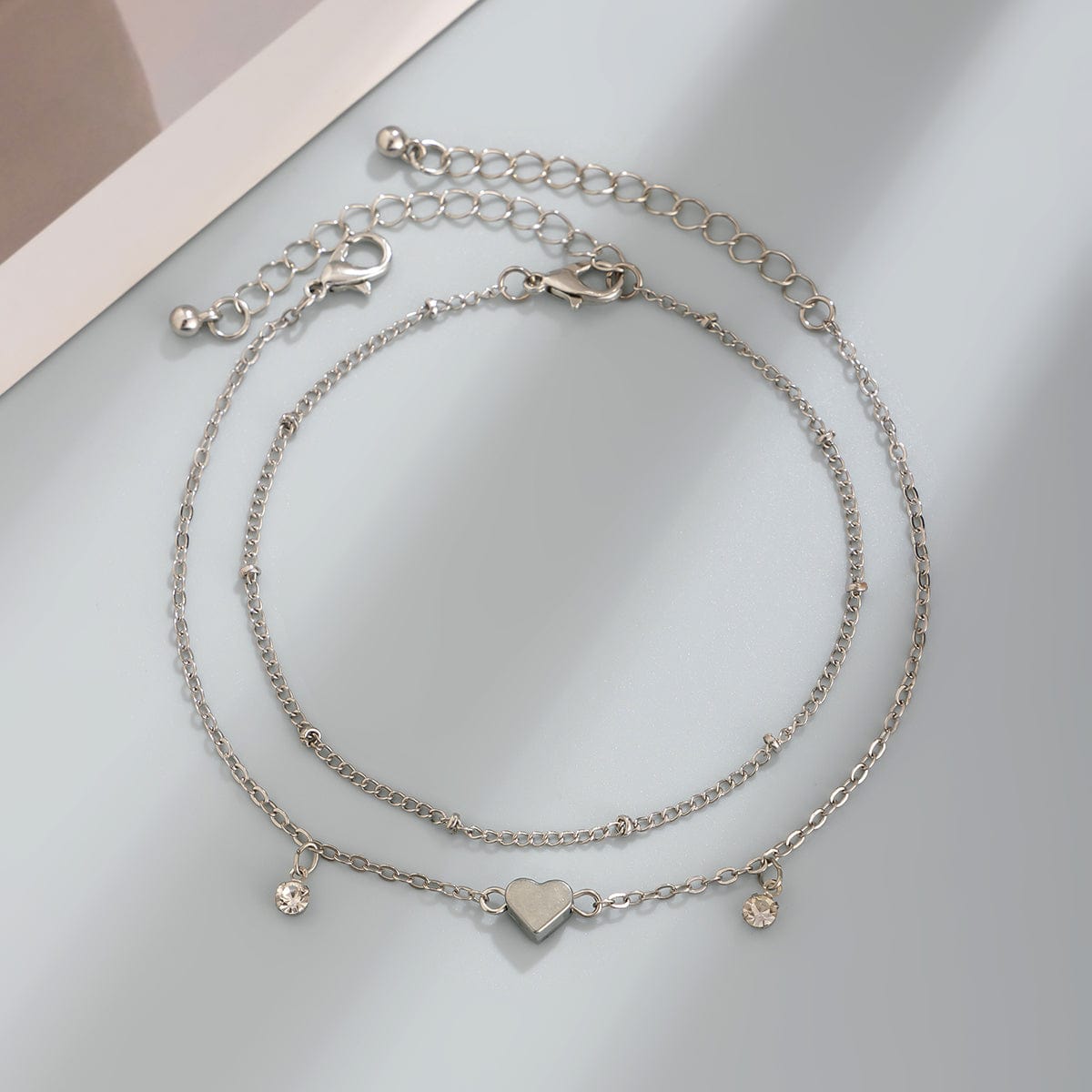 Dainty 2Pcs Rhinestone Heart Charm Saturn Chain Anklet Set