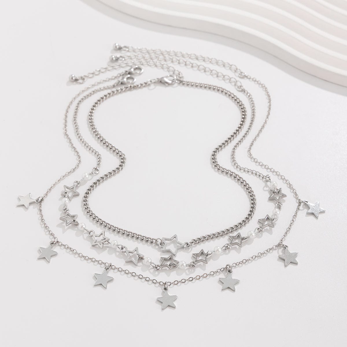 Dainty 3Pcs Star Tassel Pearl Cable Chain Necklace Set