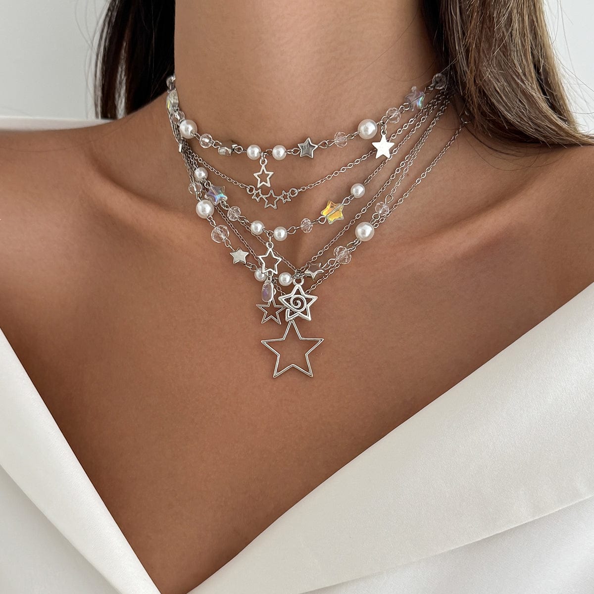 Dainty 6pcs Hollow Star Pendant Pearl Crystal Chain Necklace Set - ArtGalleryZen