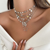 Thumbnail for Dainty 6pcs Hollow Star Pendant Pearl Crystal Chain Necklace Set - ArtGalleryZen