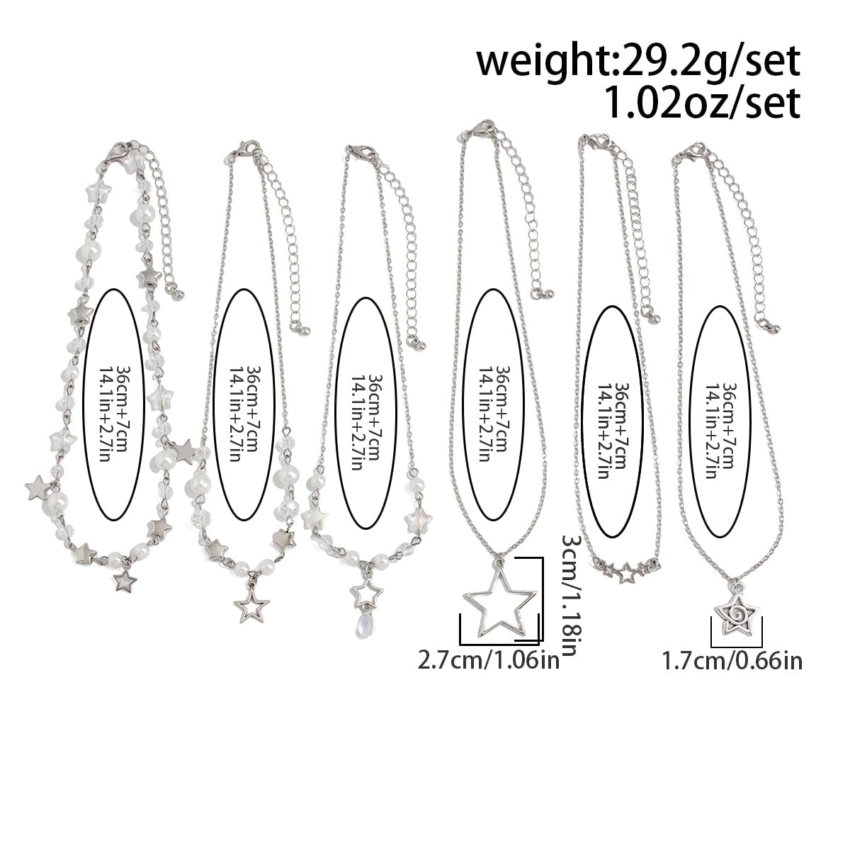 Dainty 6pcs Hollow Star Pendant Pearl Crystal Chain Necklace Set - ArtGalleryZen