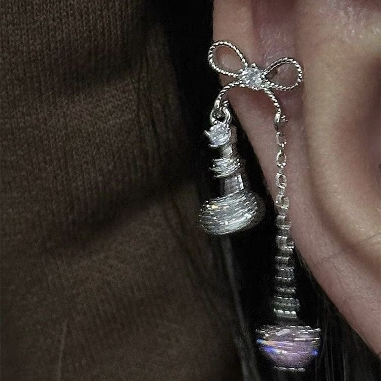 Dainty Bowknot Crystal Inlaid Heart Tassel Chain Earrings