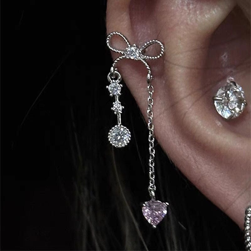 Dainty Bowknot Crystal Inlaid Heart Tassel Chain Earrings