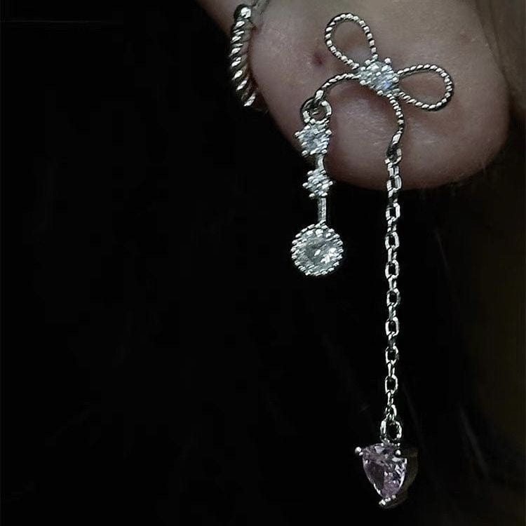 Dainty Bowknot Crystal Inlaid Heart Tassel Chain Earrings