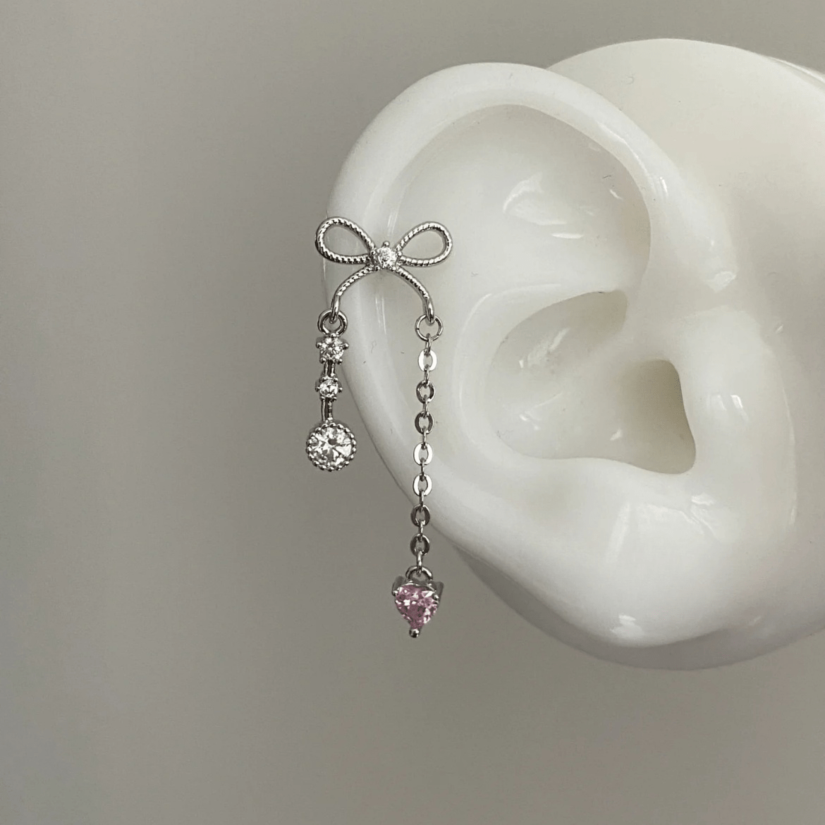 Dainty Bowknot Crystal Inlaid Heart Tassel Chain Earrings