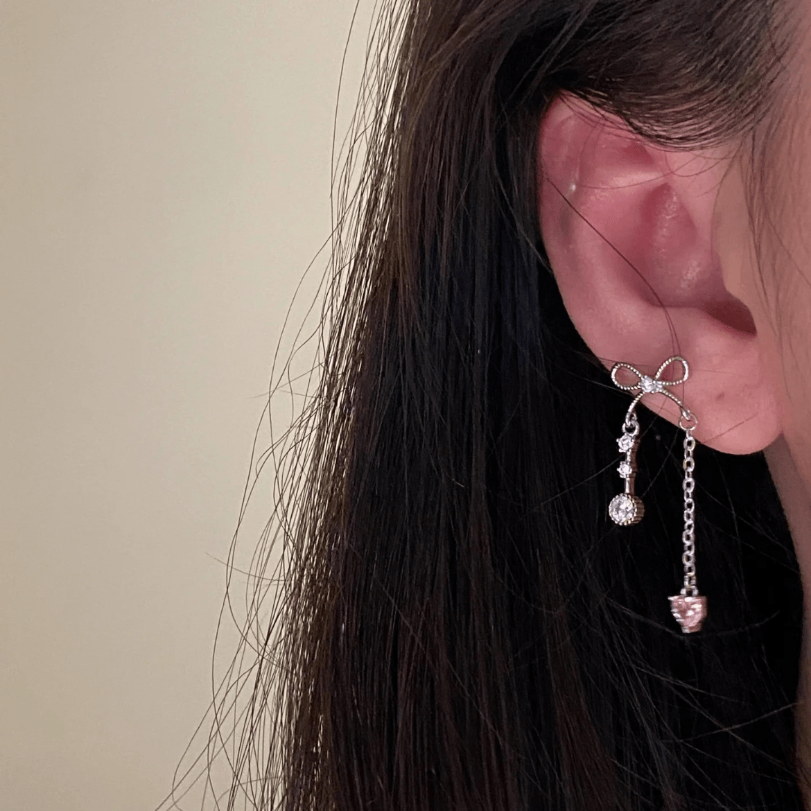 Dainty Bowknot Crystal Inlaid Heart Tassel Chain Earrings