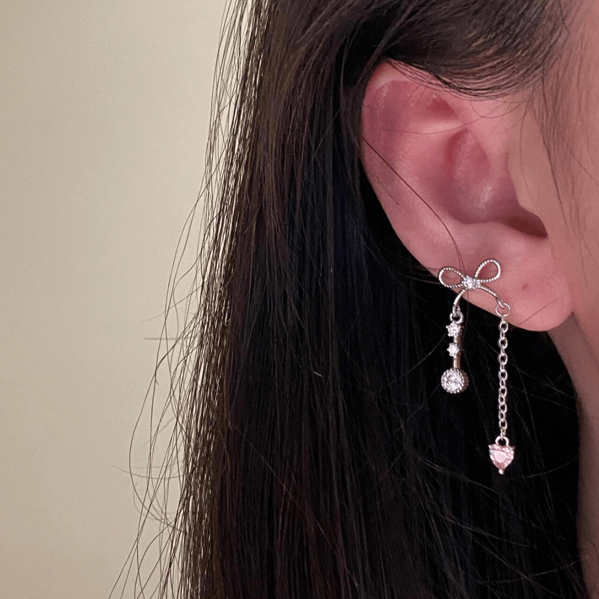 Dainty Bowknot Crystal Inlaid Heart Tassel Chain Earrings