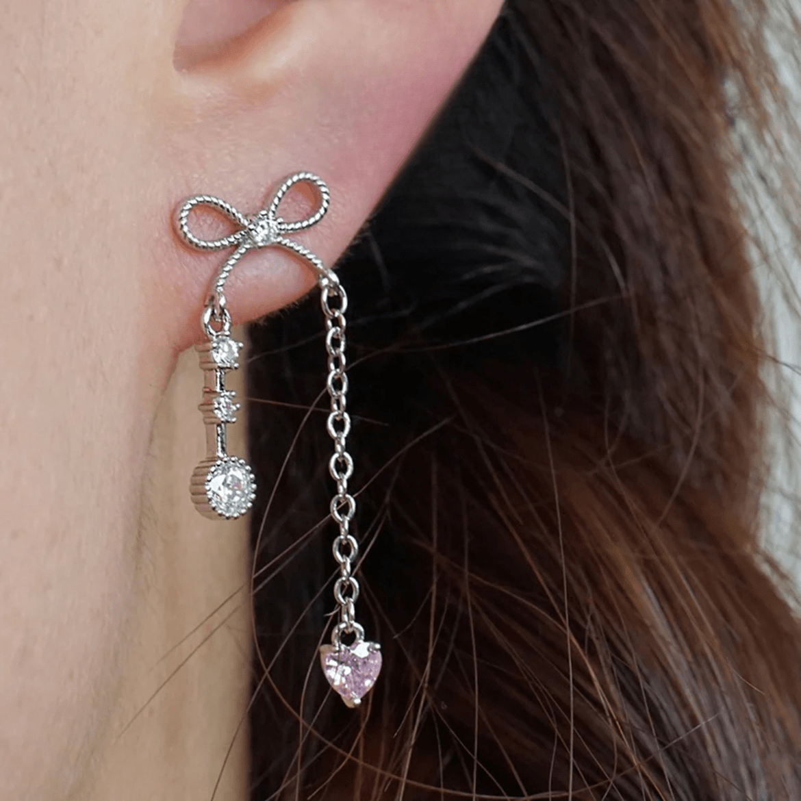 Dainty Bowknot Crystal Inlaid Heart Tassel Chain Earrings