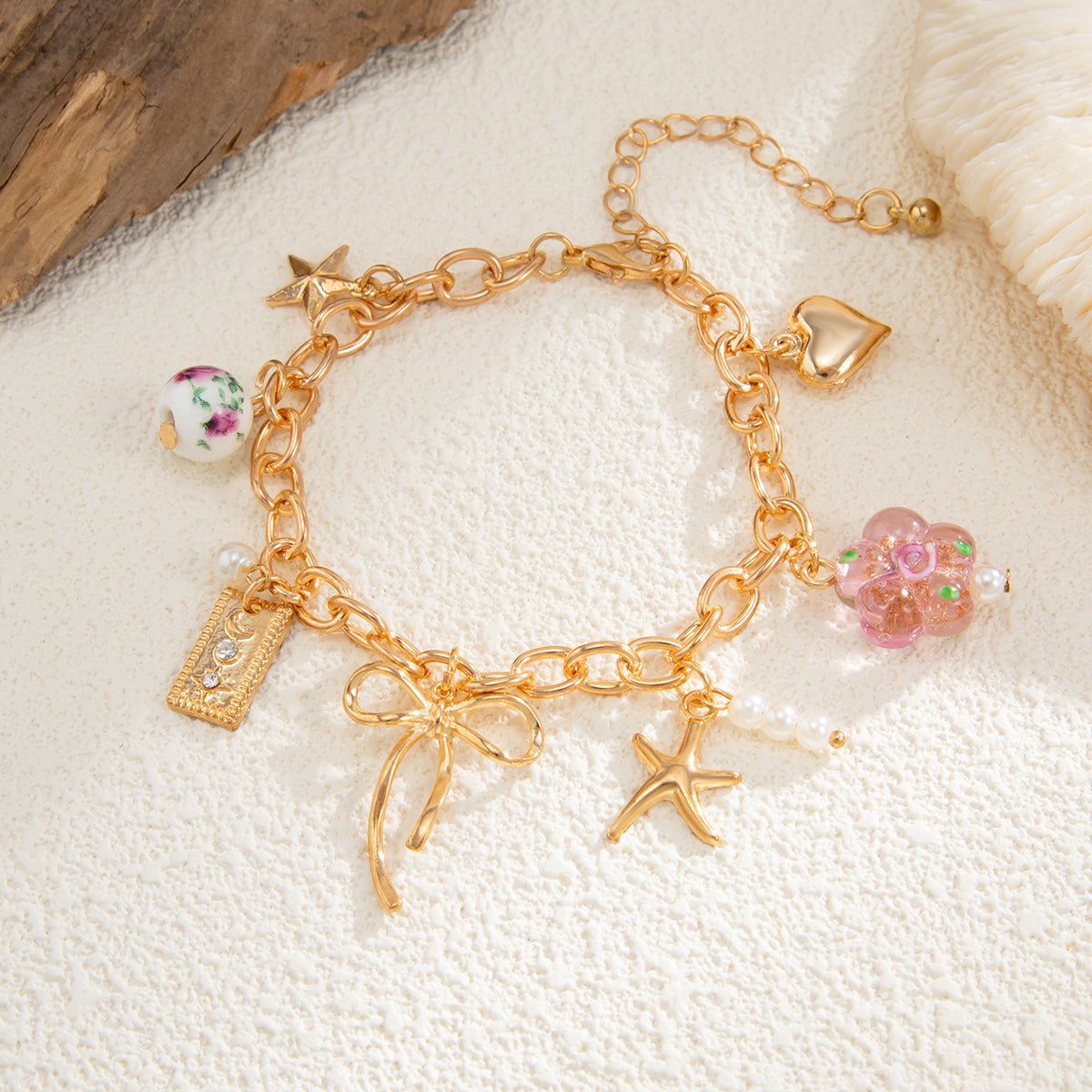 Dainty Bowknot Flower Ceramic Beads Heart Pendant Bracelet - ArtGalleryZen