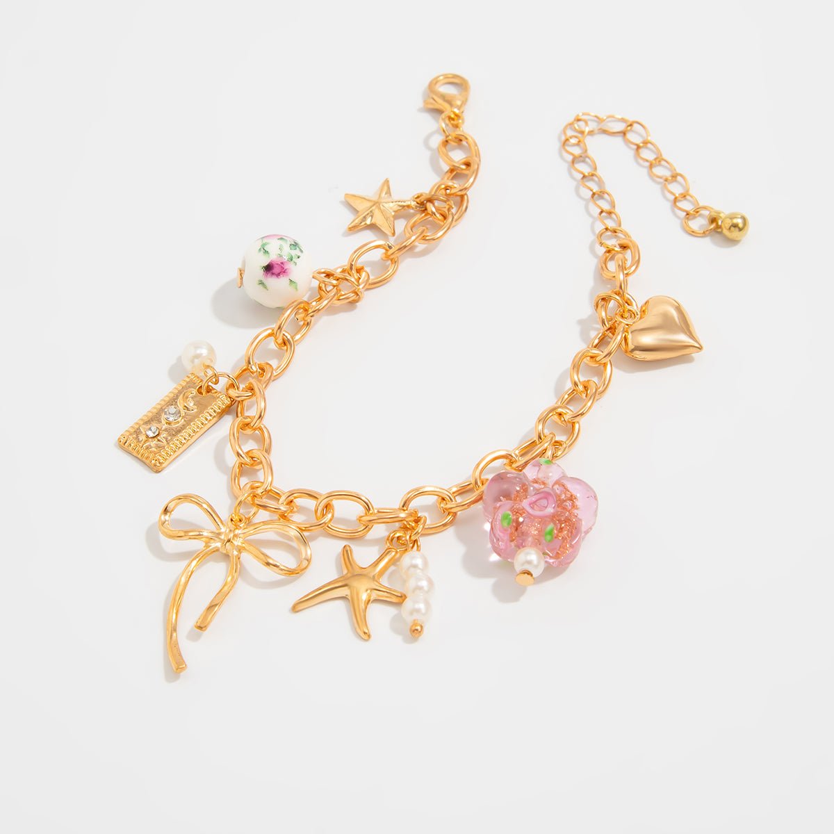 Dainty Bowknot Flower Ceramic Beads Heart Pendant Bracelet - ArtGalleryZen