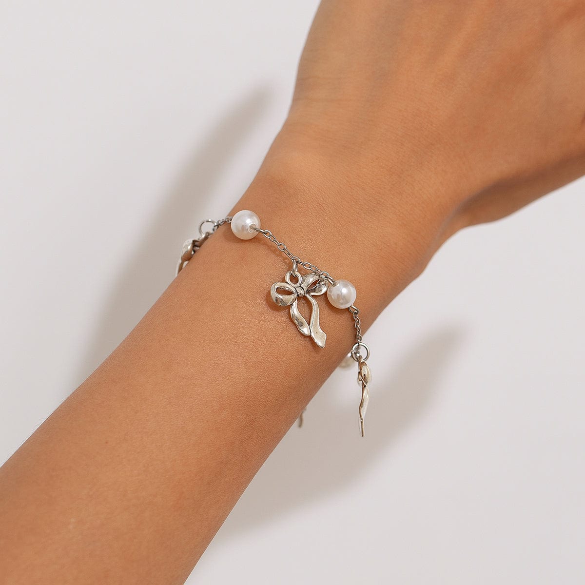 Dainty Bowknot Tassel Pearl Chain Bracelet - ArtGalleryZen